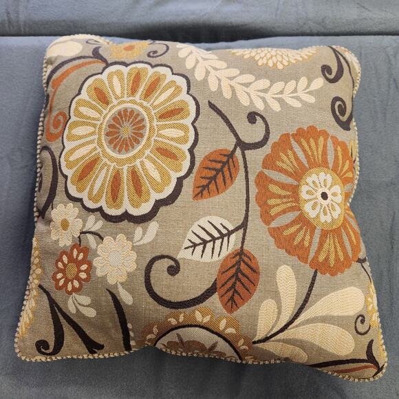 THROW PILLOW Boho Floral Striped Beige Yellow Orange Double Sided 19" x 19" x 5" - Picture 1 of 10